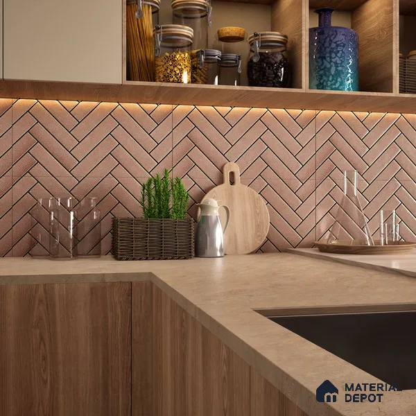 Faux Subway Wall Tile TL 04684 F Herringbone Solara Lush Pink 2 ft x 1 ft Ceramic Glossy Finish - 9 mm | Suitable For Kitchen, Bathroom Walls and Backsplashes | Please Expect a Slight Variation of Pattern (Sample)