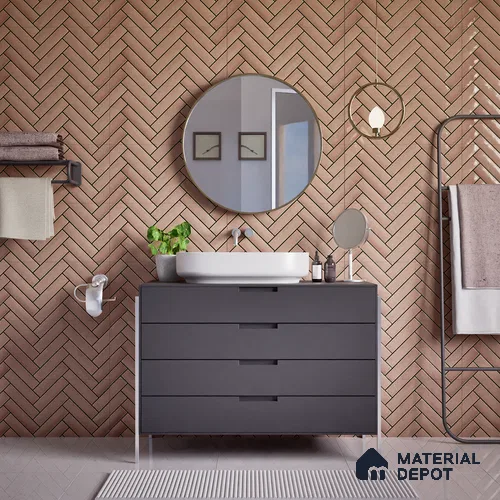 Faux Subway Wall Tile TL 04684 F Herringbone Solara Lush Pink 2 ft x 1 ft Ceramic Glossy Finish - 9 mm | Suitable For Kitchen, Bathroom Walls and Backsplashes | Please Expect a Slight Variation of Pattern