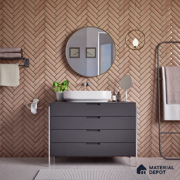 Faux Subway Wall Tile TL 04684 F Herringbone Solara Lush Pink 2 ft x 1 ft Ceramic Glossy Finish - 9 mm | Suitable For Kitchen, Bathroom Walls and Backsplashes | Please Expect a Slight Variation of Pattern (Sample)