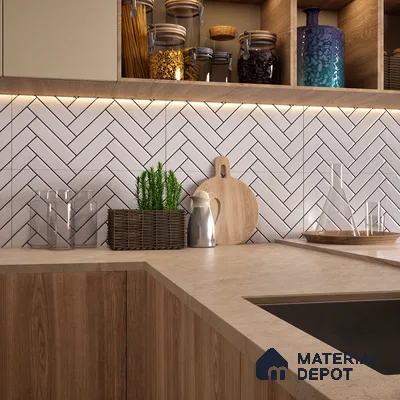 Faux Subway Wall Tile TL 04684 Herringbone Solara Echo White 2 ft x 1 ft Ceramic Glossy Finish - 9 mm | Suitable For Kitchen, Bathroom Walls and Backsplashes | Please Expect a Slight Variation of Pattern