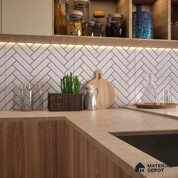 Faux Subway Wall Tile TL 04684 Herringbone Solara Echo White 2 ft x 1 ft Ceramic Glossy Finish - 9 mm | Suitable For Kitchen, Bathroom Walls and Backsplashes | Please Expect a Slight Variation of Pattern
