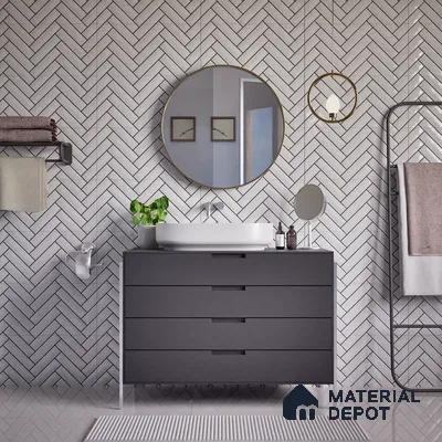 Faux Subway Wall Tile TL 04684 Herringbone Solara Echo White 2 ft x 1 ft Ceramic Glossy Finish - 9 mm | Suitable For Kitchen, Bathroom Walls and Backsplashes | Please Expect a Slight Variation of Pattern