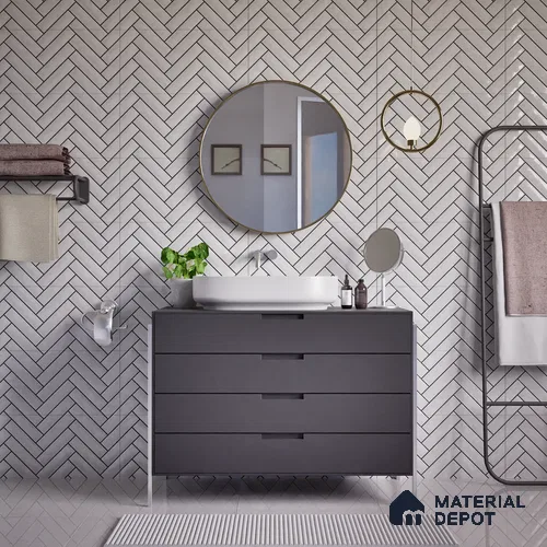 Faux Subway Wall Tile TL 04684 Herringbone Solara Echo White 2 ft x 1 ft Ceramic Glossy Finish - 9 mm | Suitable For Kitchen, Bathroom Walls and Backsplashes | Please Expect a Slight Variation of Pattern