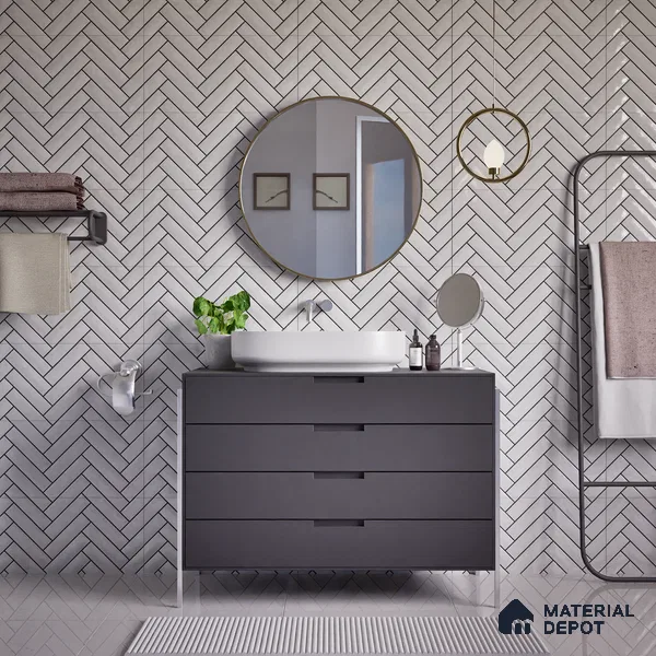 Faux Subway Wall Tile TL 04684 Herringbone Solara Echo White 2 ft x 1 ft Ceramic Glossy Finish - 9 mm | Suitable For Kitchen, Bathroom Walls and Backsplashes | Please Expect a Slight Variation of Pattern