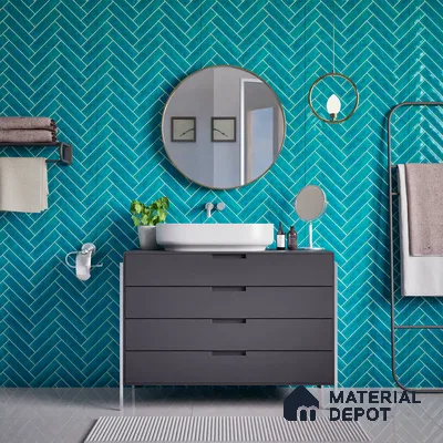 Faux Subway Wall Tile TL 04684 G Herringbone Solara Cobalt Blue 2 ft x 1 ft Ceramic Glossy Finish - 9 mm | Suitable For Kitchen, Bathroom Walls and Backsplashes | Please Expect a Slight Variation of Pattern (Sample)