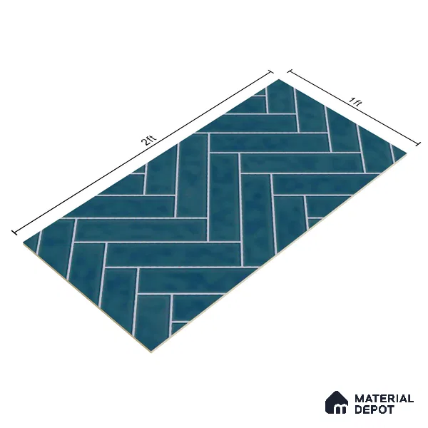 Faux Subway Wall Tile TL 04684 H Herringbone Solara Lake Blue 2 ft x 1 ft Ceramic Glossy Finish - 9 mm | Suitable For Kitchen, Bathroom Walls and Backsplashes | Please Expect a Slight Variation of Pattern