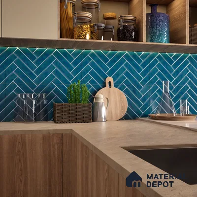 Faux Subway Wall Tile TL 04684 H Herringbone Solara Lake Blue 2 ft x 1 ft Ceramic Glossy Finish - 9 mm | Suitable For Kitchen, Bathroom Walls and Backsplashes | Please Expect a Slight Variation of Pattern