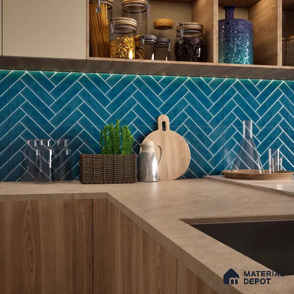 Faux Subway Wall Tile TL 04684 H Herringbone Solara Lake Blue 2 ft x 1 ft Ceramic Glossy Finish - 9 mm | Suitable For Kitchen, Bathroom Walls and Backsplashes | Please Expect a Slight Variation of Pattern