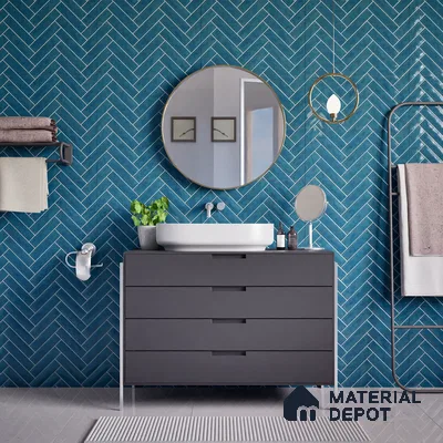 Faux Subway Wall Tile TL 04684 H Herringbone Solara Lake Blue 2 ft x 1 ft Ceramic Glossy Finish - 9 mm | Suitable For Kitchen, Bathroom Walls and Backsplashes | Please Expect a Slight Variation of Pattern