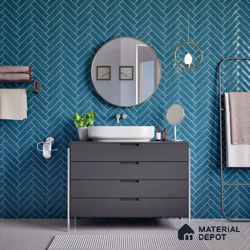 Faux Subway Wall Tile TL 04684 H Herringbone Solara Lake Blue 2 ft x 1 ft Ceramic Glossy Finish - 9 mm | Suitable For Kitchen, Bathroom Walls and Backsplashes | Please Expect a Slight Variation of Pattern