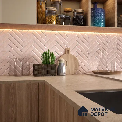 Faux Subway Wall Tile TL 04684 I Herringbone Solara Norvegia Pink 2 ft x 1 ft Ceramic Glossy Finish - 9 mm | Suitable For Kitchen, Bathroom Walls and Backsplashes | Please Expect a Slight Variation of Pattern (Sample)