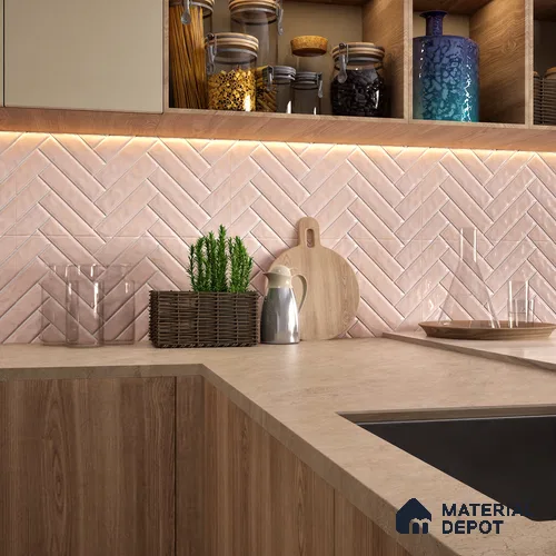 Faux Subway Wall Tile TL 04684 I Herringbone Solara Norvegia Pink 2 ft x 1 ft Ceramic Glossy Finish - 9 mm | Suitable For Kitchen, Bathroom Walls and Backsplashes | Please Expect a Slight Variation of Pattern