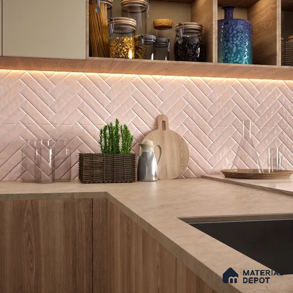 Faux Subway Wall Tile TL 04684 I Herringbone Solara Norvegia Pink 2 ft x 1 ft Ceramic Glossy Finish - 9 mm | Suitable For Kitchen, Bathroom Walls and Backsplashes | Please Expect a Slight Variation of Pattern (Sample)