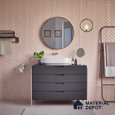 Faux Subway Wall Tile TL 04684 I Herringbone Solara Norvegia Pink 2 ft x 1 ft Ceramic Glossy Finish - 9 mm | Suitable For Kitchen, Bathroom Walls and Backsplashes | Please Expect a Slight Variation of Pattern (Sample)