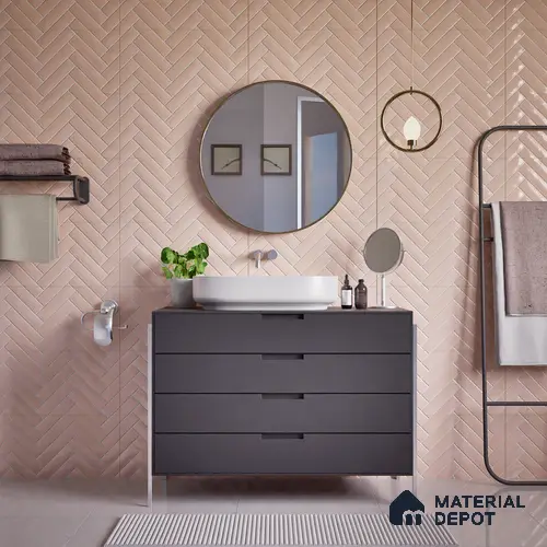 Faux Subway Wall Tile TL 04684 I Herringbone Solara Norvegia Pink 2 ft x 1 ft Ceramic Glossy Finish - 9 mm | Suitable For Kitchen, Bathroom Walls and Backsplashes | Please Expect a Slight Variation of Pattern