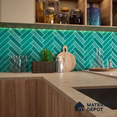 Faux Subway Wall Tile TL 04684 K Herringbone Solara Seafoam Green 2 ft x 1 ft Ceramic Glossy Finish - 9 mm | Suitable For Kitchen, Bathroom Walls and Backsplashes | Please Expect a Slight Variation of Pattern (Sample)