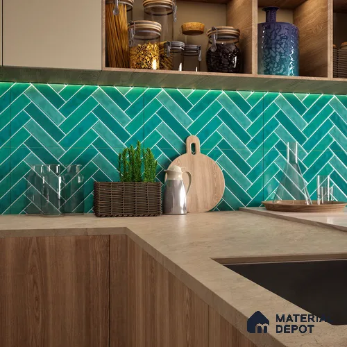 Faux Subway Wall Tile TL 04684 K Herringbone Solara Seafoam Green 2 ft x 1 ft Ceramic Glossy Finish - 9 mm | Suitable For Kitchen, Bathroom Walls and Backsplashes | Please Expect a Slight Variation of Pattern