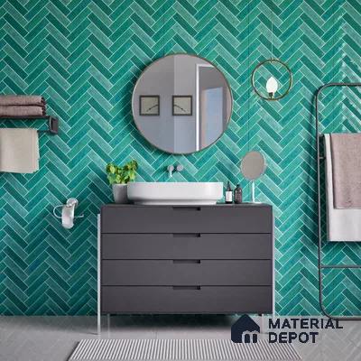 Faux Subway Wall Tile TL 04684 K Herringbone Solara Seafoam Green 2 ft x 1 ft Ceramic Glossy Finish - 9 mm | Suitable For Kitchen, Bathroom Walls and Backsplashes | Please Expect a Slight Variation of Pattern (Sample)
