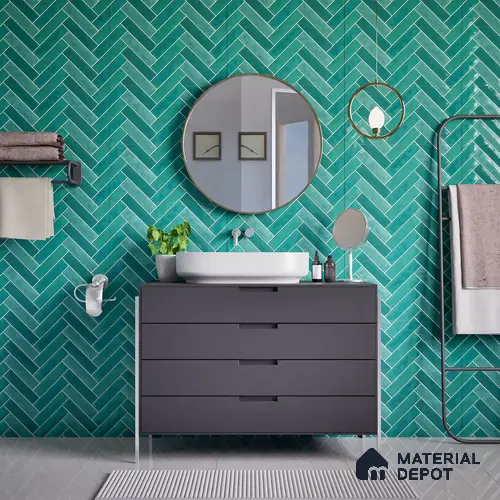 Faux Subway Wall Tile TL 04684 K Herringbone Solara Seafoam Green 2 ft x 1 ft Ceramic Glossy Finish - 9 mm | Suitable For Kitchen, Bathroom Walls and Backsplashes | Please Expect a Slight Variation of Pattern