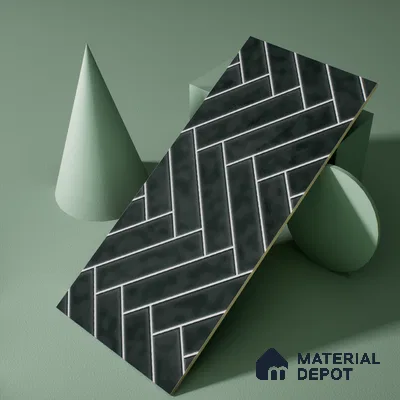 Faux Subway Wall Tile TL 04684 L Herringbone Solara Noir Black 2 ft x 1 ft Ceramic Glossy Finish - 9 mm | Suitable For Kitchen, Bathroom Walls and Backsplashes | Please Expect a Slight Variation of Pattern