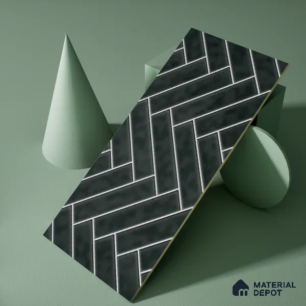 Faux Subway Wall Tile TL 04684 L Herringbone Solara Noir Black 2 ft x 1 ft Ceramic Glossy Finish - 9 mm | Suitable For Kitchen, Bathroom Walls and Backsplashes | Please Expect a Slight Variation of Pattern