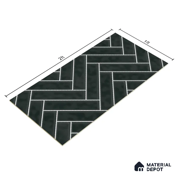 Faux Subway Wall Tile TL 04684 L Herringbone Solara Noir Black 2 ft x 1 ft Ceramic Glossy Finish - 9 mm | Suitable For Kitchen, Bathroom Walls and Backsplashes | Please Expect a Slight Variation of Pattern