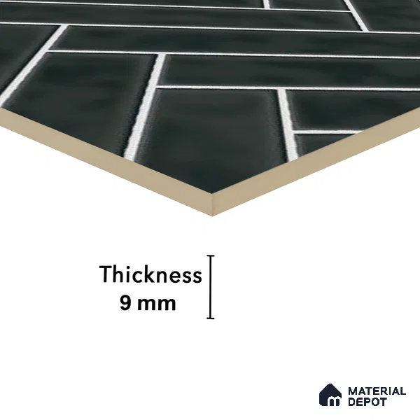 Faux Subway Wall Tile TL 04684 L Herringbone Solara Noir Black 2 ft x 1 ft Ceramic Glossy Finish - 9 mm | Suitable For Kitchen, Bathroom Walls and Backsplashes | Please Expect a Slight Variation of Pattern
