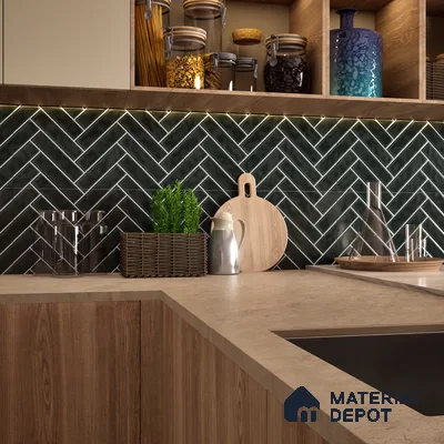 Faux Subway Wall Tile TL 04684 L Herringbone Solara Noir Black 2 ft x 1 ft Ceramic Glossy Finish - 9 mm | Suitable For Kitchen, Bathroom Walls and Backsplashes | Please Expect a Slight Variation of Pattern