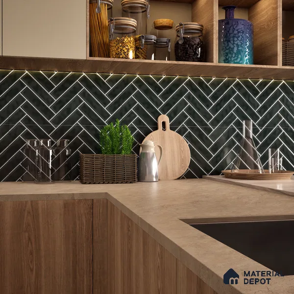 Faux Subway Wall Tile TL 04684 L Herringbone Solara Noir Black 2 ft x 1 ft Ceramic Glossy Finish - 9 mm | Suitable For Kitchen, Bathroom Walls and Backsplashes | Please Expect a Slight Variation of Pattern