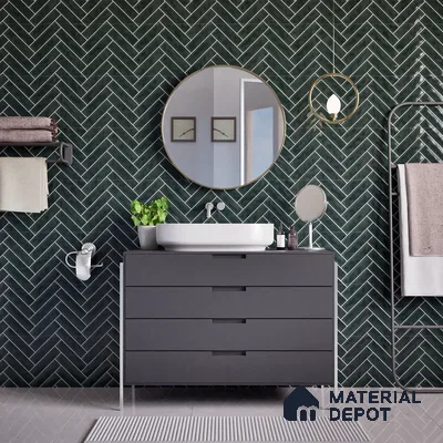 Faux Subway Wall Tile TL 04684 L Herringbone Solara Noir Black 2 ft x 1 ft Ceramic Glossy Finish - 9 mm | Suitable For Kitchen, Bathroom Walls and Backsplashes | Please Expect a Slight Variation of Pattern