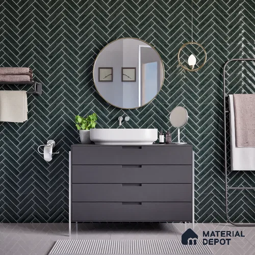 Faux Subway Wall Tile TL 04684 L Herringbone Solara Noir Black 2 ft x 1 ft Ceramic Glossy Finish - 9 mm | Suitable For Kitchen, Bathroom Walls and Backsplashes | Please Expect a Slight Variation of Pattern