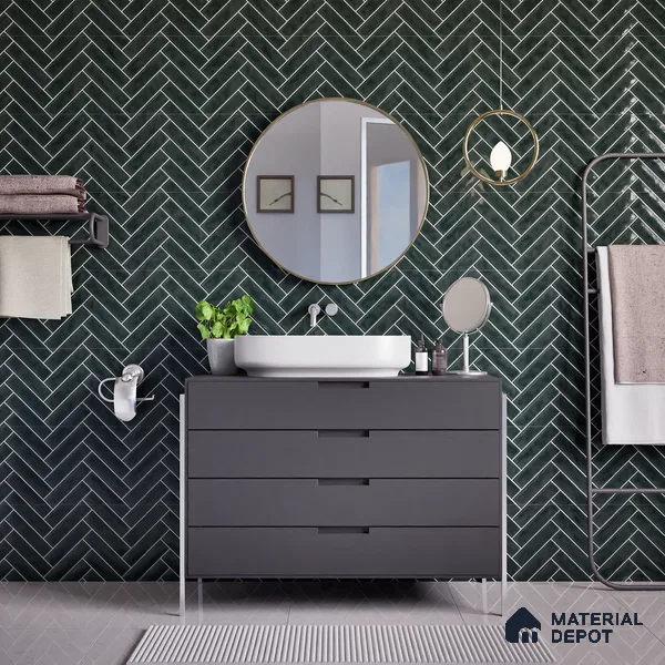 Faux Subway Wall Tile TL 04684 L Herringbone Solara Noir Black 2 ft x 1 ft Ceramic Glossy Finish - 9 mm | Suitable For Kitchen, Bathroom Walls and Backsplashes | Please Expect a Slight Variation of Pattern