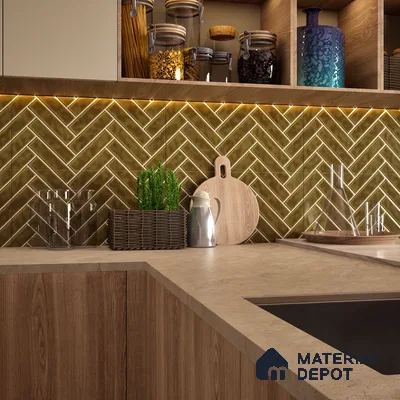 Faux Subway Wall Tile TL 04684 M Herringbone Solara Cocoa Brown 2 ft x 1 ft Ceramic Glossy Finish - 9 mm | Suitable For Kitchen, Bathroom Walls and Backsplashes | Please Expect a Slight Variation of Pattern (Sample)