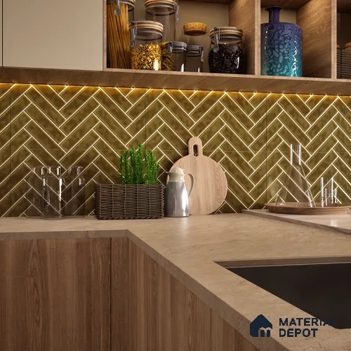 Faux Subway Wall Tile TL 04684 M Herringbone Solara Cocoa Brown 2 ft x 1 ft Ceramic Glossy Finish - 9 mm | Suitable For Kitchen, Bathroom Walls and Backsplashes | Please Expect a Slight Variation of Pattern