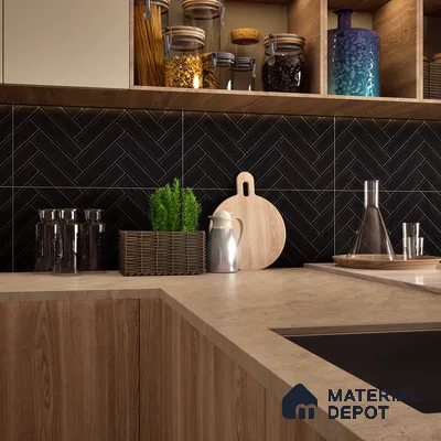 Faux Subway Wall Tile TL 04684 N Herringbone Solara Black Marquina 2 ft x 1 ft Ceramic Matte Finish - 9 mm | Suitable For Kitchen, Bathroom Walls and Backsplashes | Please Expect a Slight Variation of Pattern