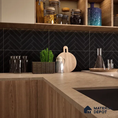 Faux Subway Wall Tile TL 04684 N Herringbone Solara Black Marquina 2 ft x 1 ft Ceramic Matte Finish - 9 mm | Suitable For Kitchen, Bathroom Walls and Backsplashes | Please Expect a Slight Variation of Pattern