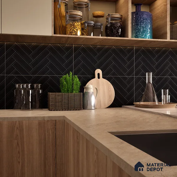 Faux Subway Wall Tile TL 04684 N Herringbone Solara Black Marquina 2 ft x 1 ft Ceramic Matte Finish - 9 mm | Suitable For Kitchen, Bathroom Walls and Backsplashes | Please Expect a Slight Variation of Pattern
