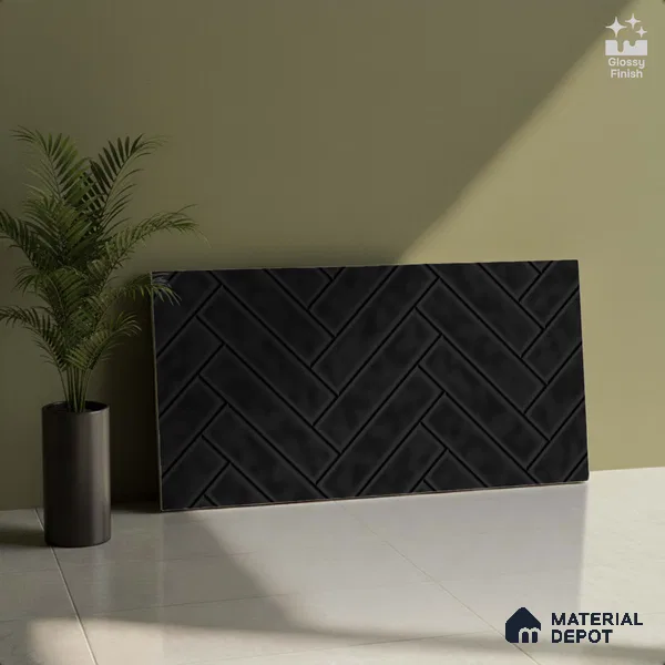 Faux Subway Wall Tile TL 04684 P Herringbone Solara Raven Shine 2 ft x 1 ft Ceramic Glossy Finish - 9 mm | Suitable For Kitchen, Bathroom Walls and Backsplashes | Please Expect a Slight Variation of Pattern