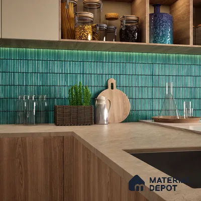 Faux Subway Wall Tile TL 04691 G Vertiline Kitkat Solara Turquoise Blue 2 ft x 1 ft Ceramic Glossy Finish - 9 mm | Suitable For Kitchen, Bathroom Walls and Backsplashes | Please Expect a Slight Variation of Pattern (Sample)