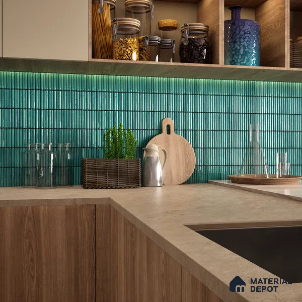 Faux Subway Wall Tile TL 04691 G Vertiline Kitkat Solara Turquoise Blue 2 ft x 1 ft Ceramic Glossy Finish - 9 mm | Suitable For Kitchen, Bathroom Walls and Backsplashes | Please Expect a Slight Variation of Pattern (Sample)