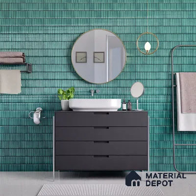 Faux Subway Wall Tile TL 04691 G Vertiline Kitkat Solara Turquoise Blue 2 ft x 1 ft Ceramic Glossy Finish - 9 mm | Suitable For Kitchen, Bathroom Walls and Backsplashes | Please Expect a Slight Variation of Pattern (Sample)