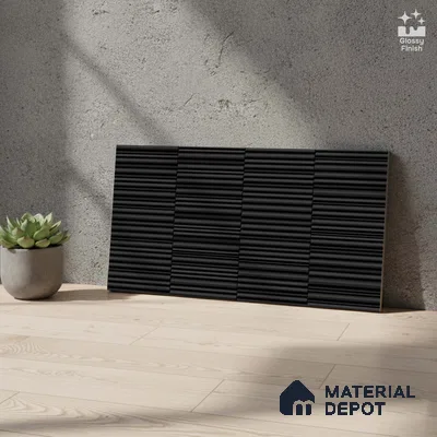 Faux Subway Wall Tile TL 04691 M Vertiline Kitkat Solara Onyx Noir 2 ft x 1 ft Ceramic Glossy Finish - 9 mm | Suitable For Kitchen, Bathroom Walls and Backsplashes | Please Expect a Slight Variation of Pattern