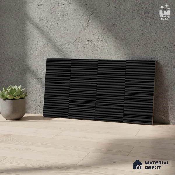 Faux Subway Wall Tile TL 04691 M Vertiline Kitkat Solara Onyx Noir 2 ft x 1 ft Ceramic Glossy Finish - 9 mm | Suitable For Kitchen, Bathroom Walls and Backsplashes | Please Expect a Slight Variation of Pattern