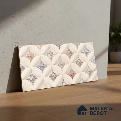 Beige Patterned Wall Tile TL 06986 2 ft x 1 ft Ceramic Carving Satin Finish - 9 mm | Suitable for Living Room, Bedroom, Bathroom | Please Expect a Slight Variation of Pattern (Sample)