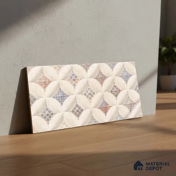 Beige Patterned Wall Tile TL 06986 2 ft x 1 ft Ceramic Carving Satin Finish - 9 mm | Suitable for Living Room, Bedroom, Bathroom | Please Expect a Slight Variation of Pattern (Sample)
