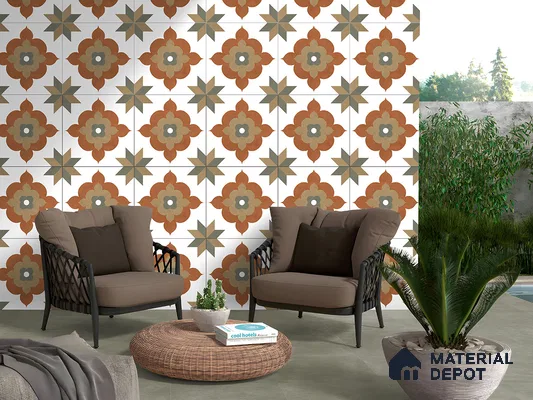 Moroccan Floor Tile TL 09479 Ogee Cotto 2 ft x 2 ft Matte Finish Vitrified Tile - 9 mm | 1 Random Design | Suitable For Kitchen, Balcony, Dining Area | Please Expect a Slight Variation of Pattern