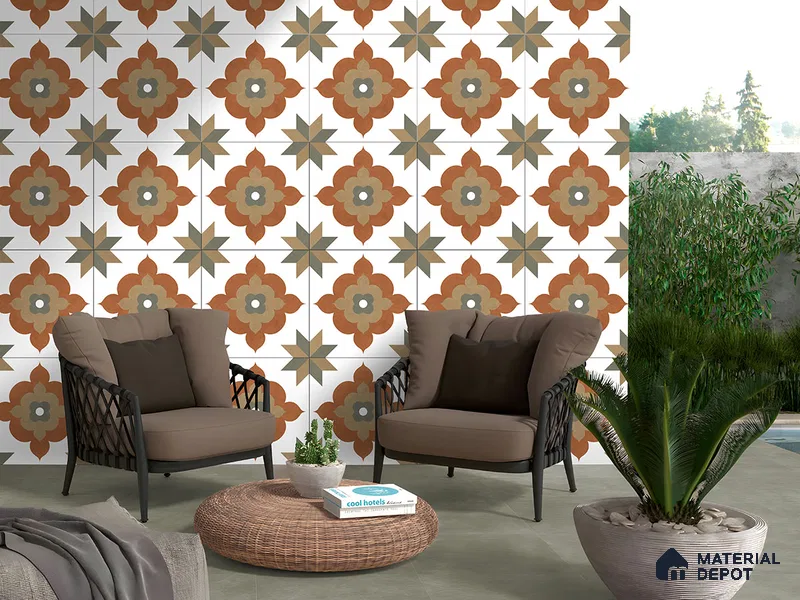 Moroccan Floor Tile TL 09479 Ogee Cotto 2 ft x 2 ft Matte Finish Vitrified Tile - 9 mm | 1 Random Design | Suitable For Kitchen, Balcony, Dining Area | Please Expect a Slight Variation of Pattern