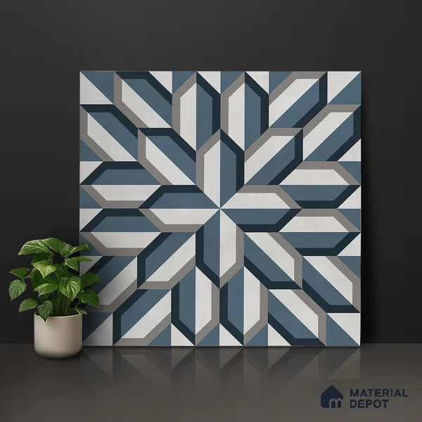 Blue Geometric Wall & Floor Tile TL 06876 2 ft x 2 ft Vitrified Carving Matte Finish - 9 mm | Suitable for Living Room, Bedroom, Bathroom | Please Expect a Slight Variation of Pattern (Sample)