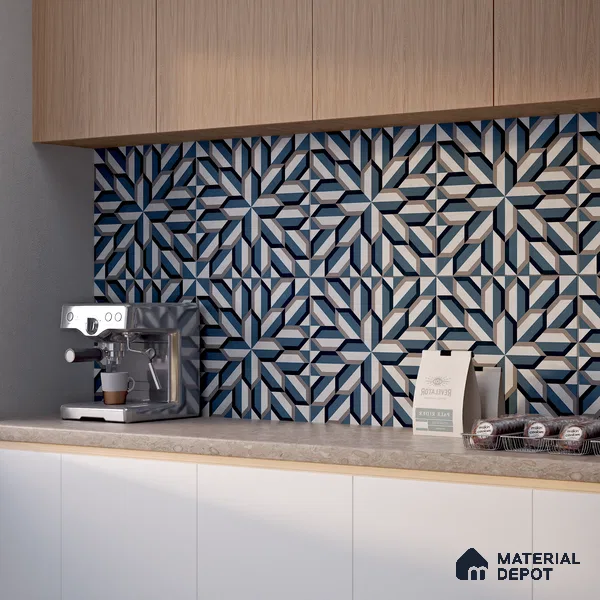 Blue Geometric Wall & Floor Tile TL 06876 2 ft x 2 ft Vitrified Carving Matte Finish - 9 mm | Suitable for Living Room, Bedroom, Bathroom | Please Expect a Slight Variation of Pattern (Sample)