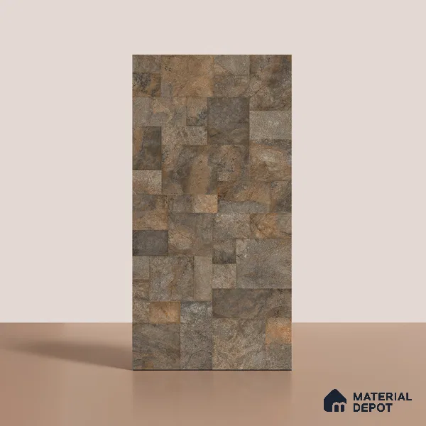 Brown Stone Floor & Wall Tile TL 06951 Prestige Evardo Brown 2 ft x 4 ft Vitrified Carving Matte Finish - 9 mm | 4 Random Design | Suitable for Living Room, Bedroom, Bathroom